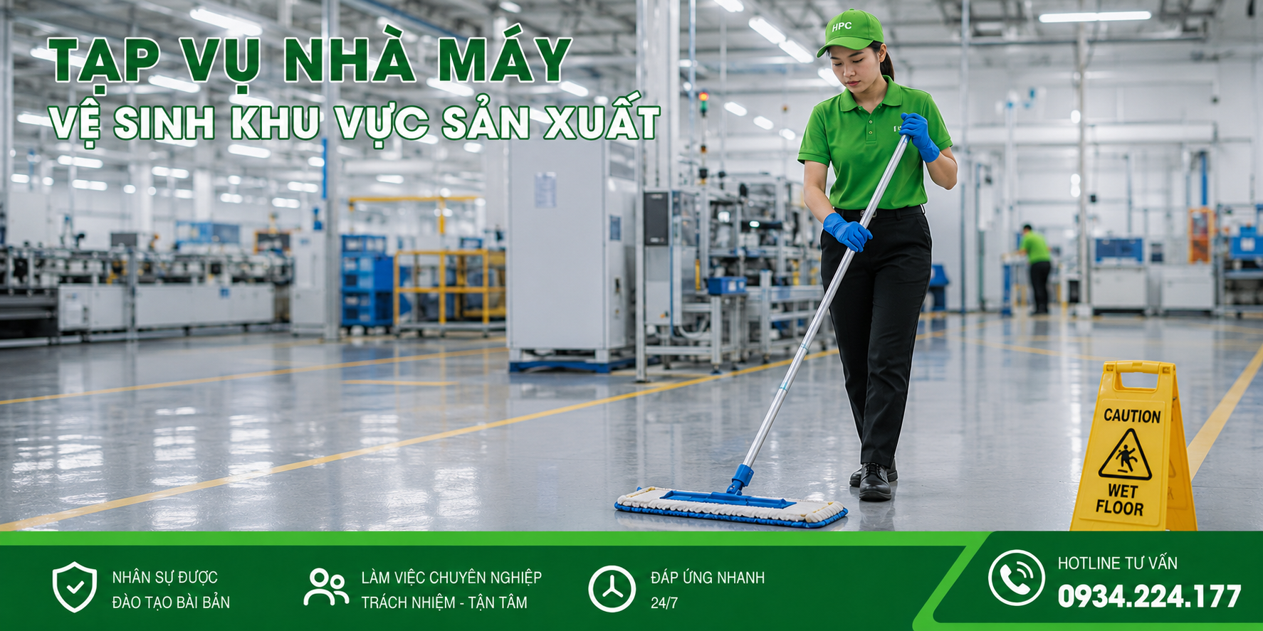Tạp vụ nhà máy vệ sinh khu vực sản xuất