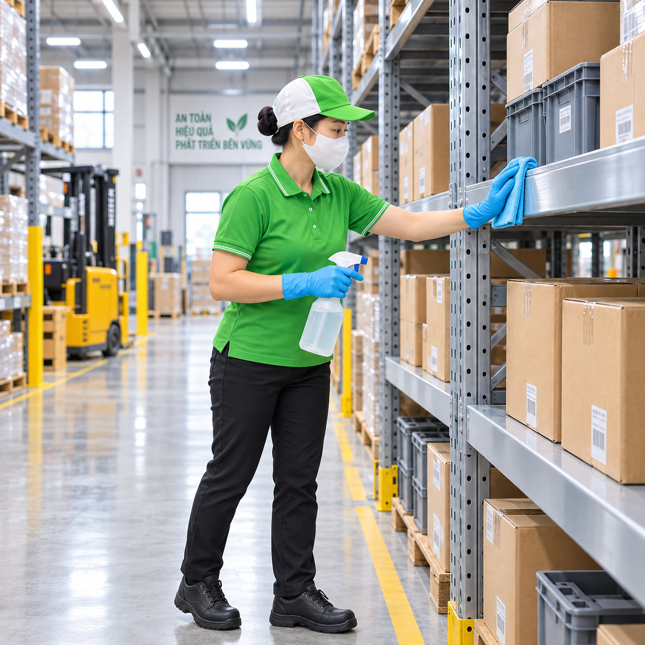 Nhân viên tạp vụ vệ sinh kệ hàng trong nhà máy