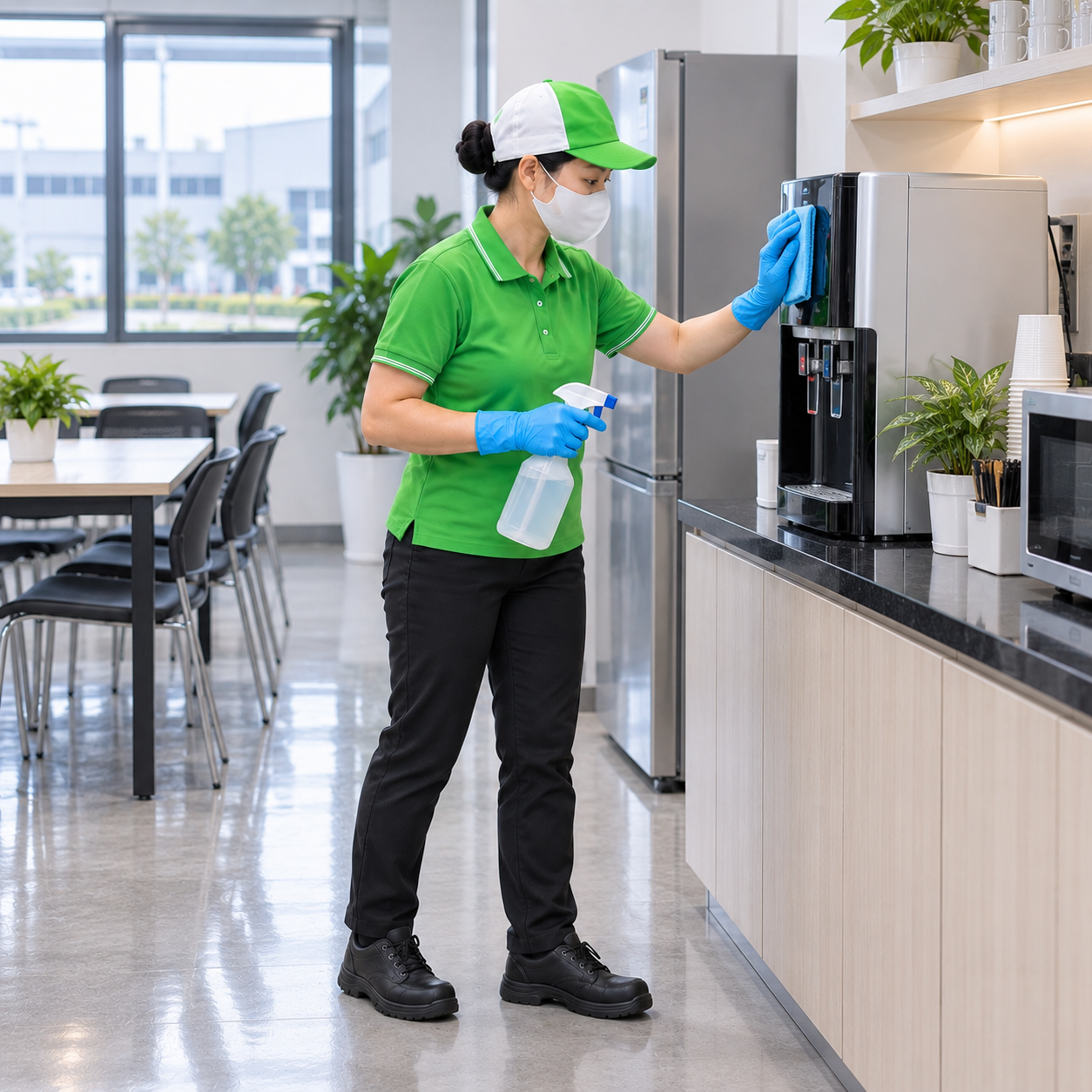 Nhân viên vệ sinh máy nước uống văn phòng nhà máy