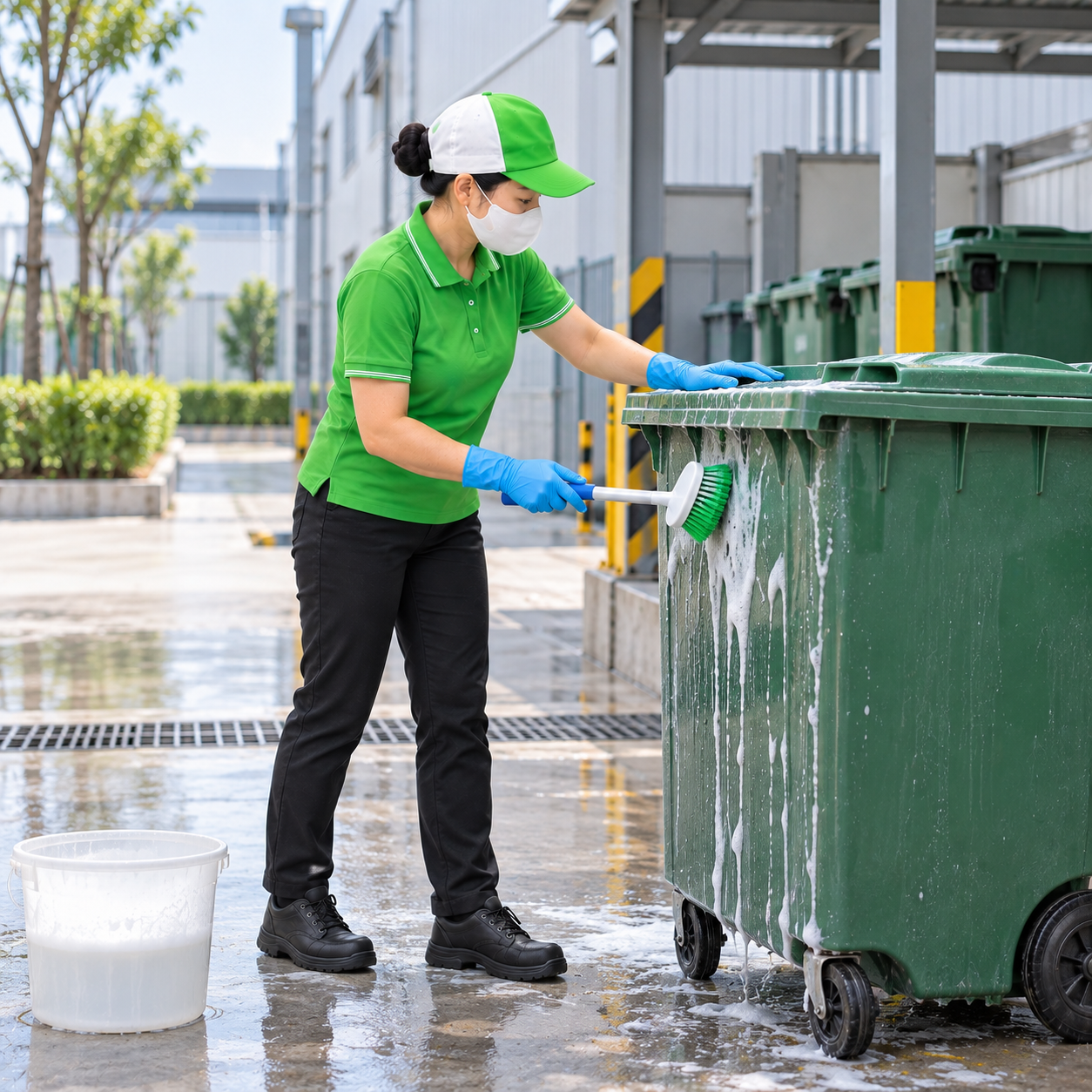 Nhân viên vệ sinh rửa thùng rác công nghiệp