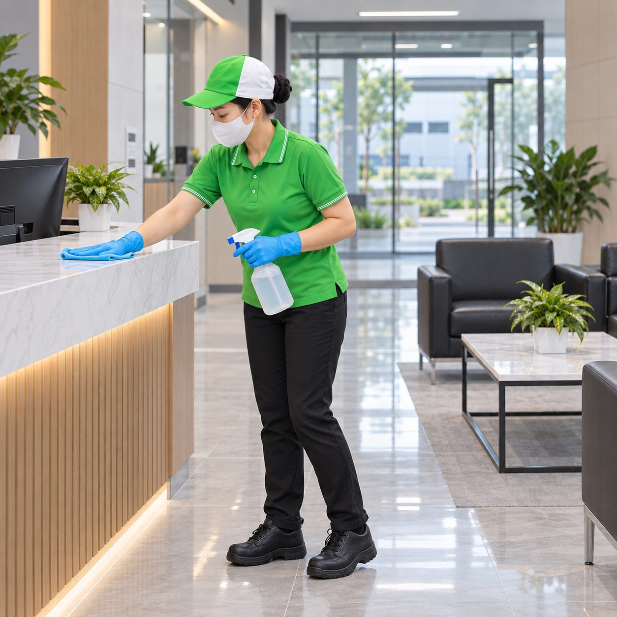Nhân viên vệ sinh quầy lễ tân nhà máy