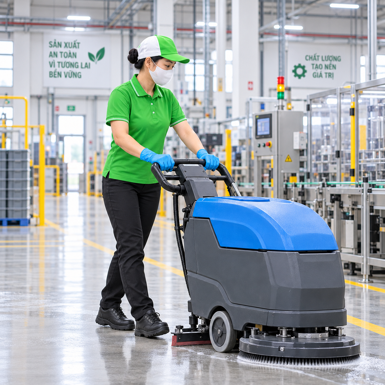 Nhân viên tạp vụ chà sàn khu vực sản xuất