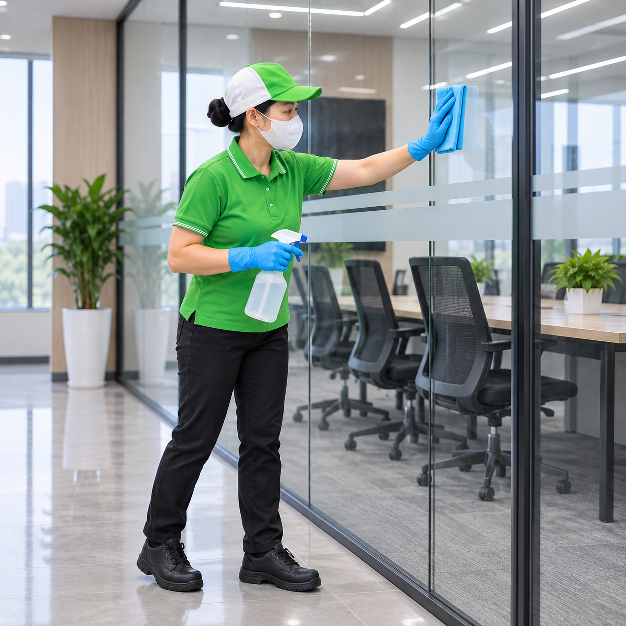 Nhân viên tạp vụ lau vách kính văn phòng nhà máy