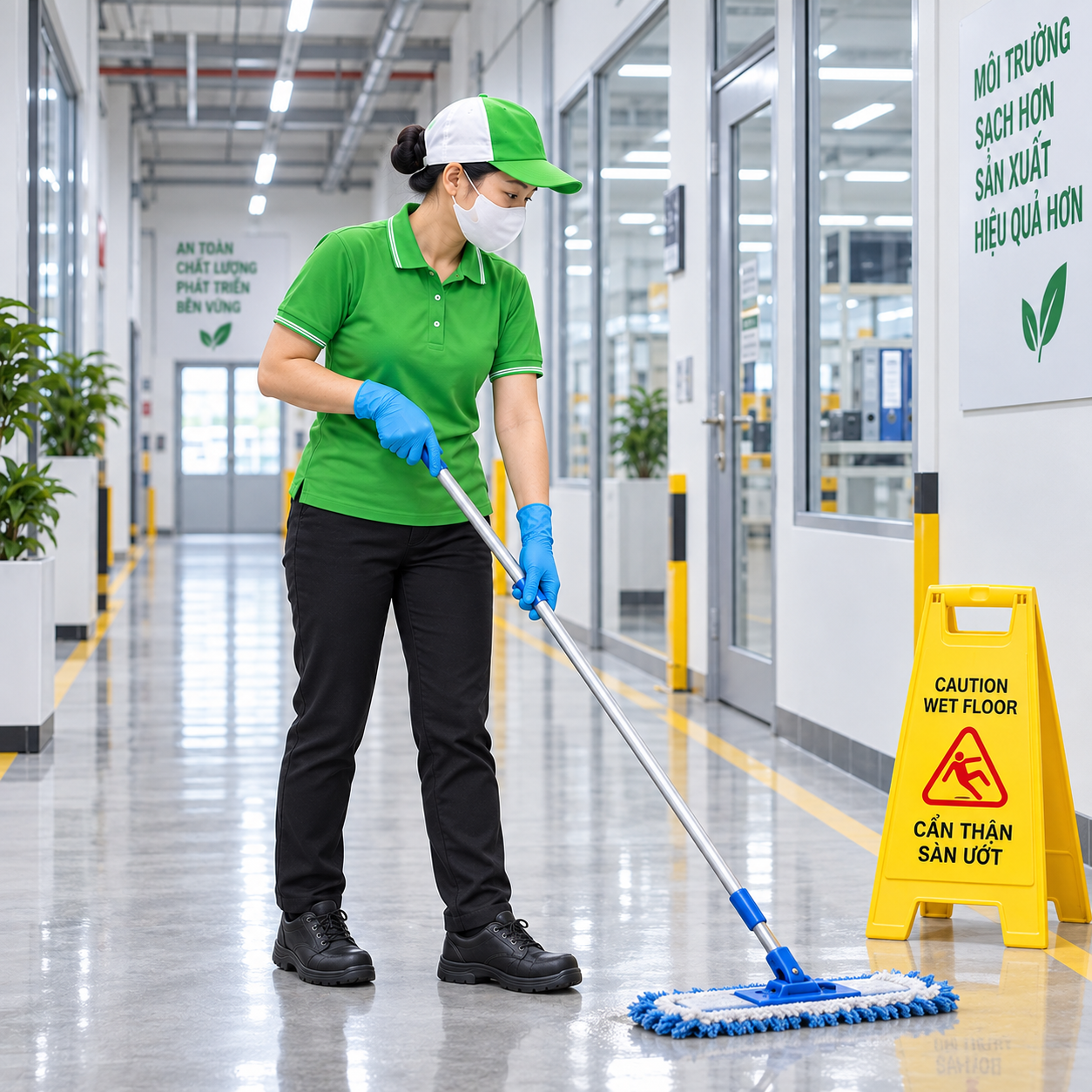 Nhân viên tạp vụ lau sàn hành lang nhà máy