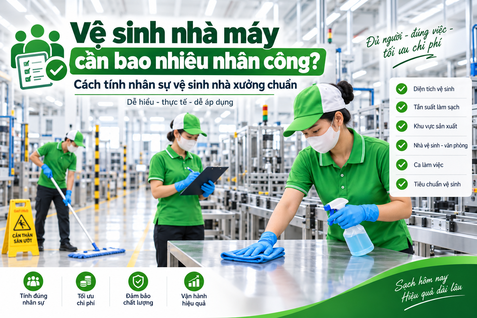 Vệ sinh nhà máy cần bao nhiêu nhân công? Cách tính nhân sự vệ sinh nhà xưởng chuẩn